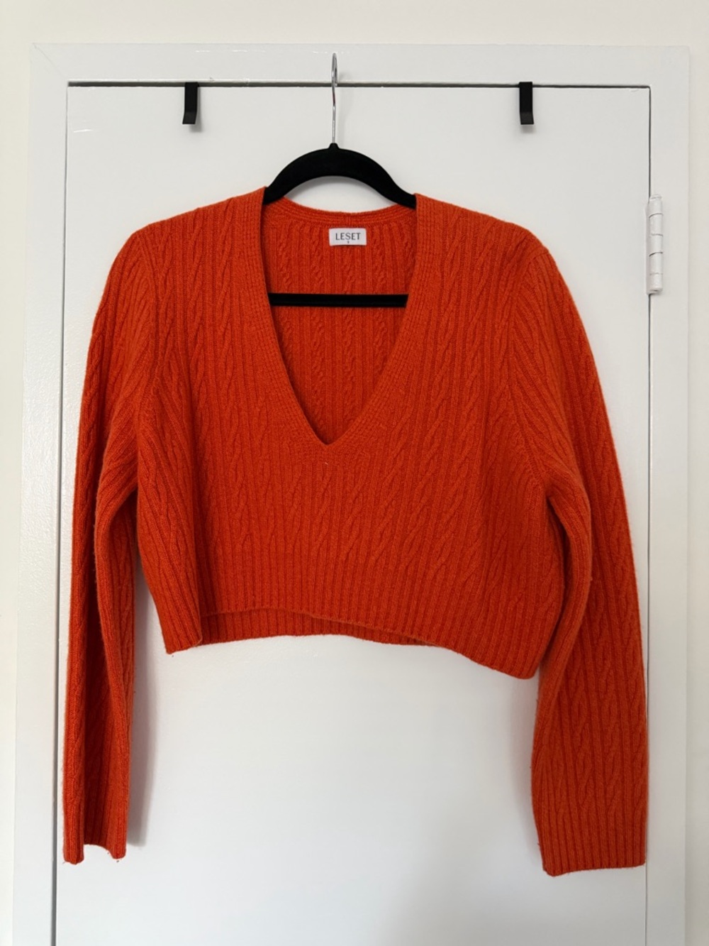 LESET Orange Cropped V-Neck Cable Knit Sweater